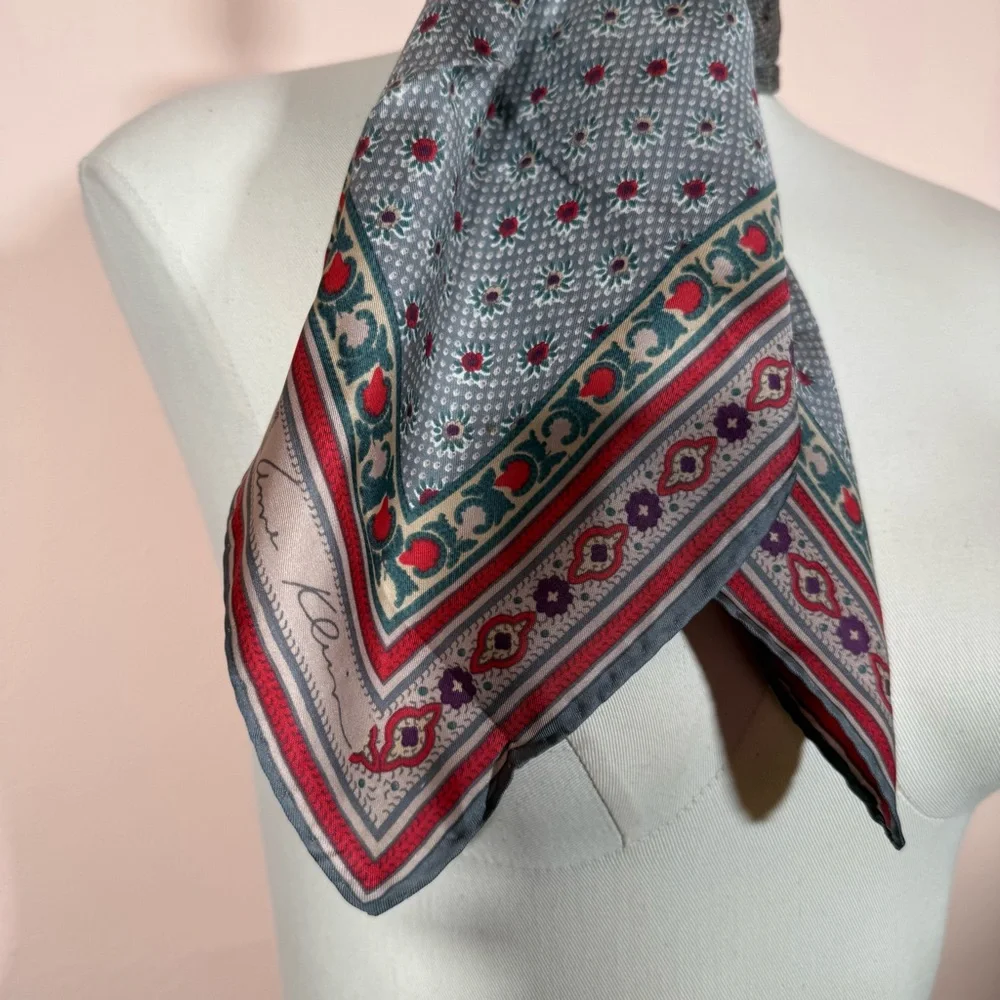 Anne Klein Vintage southwestern floral Grey teal Burgandy Red silk Scarf